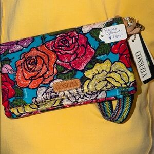 Consuela Teal Floral Rose Wristlet with Multicolor Strap. NWT 8.5” x 5” folded